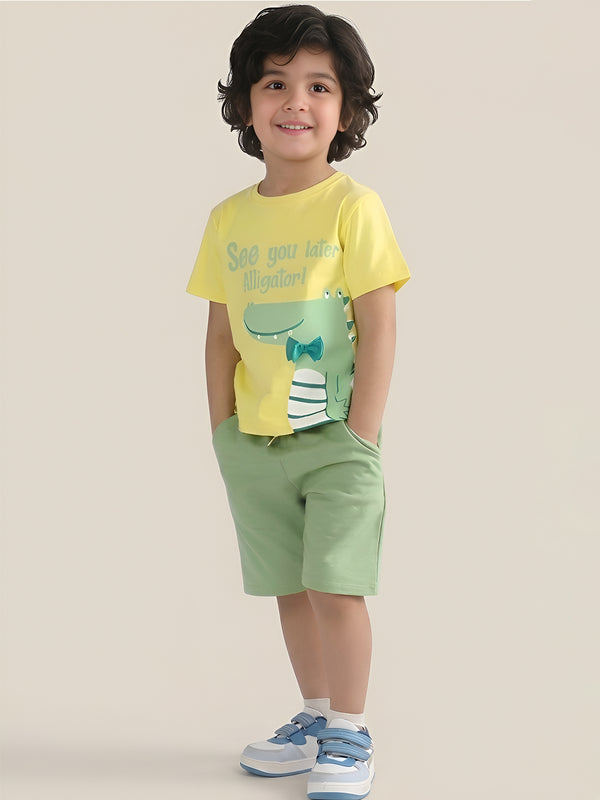 Polka Tots Half Sleeves Alligator print T-Shirt Shorts - Yellow and Green