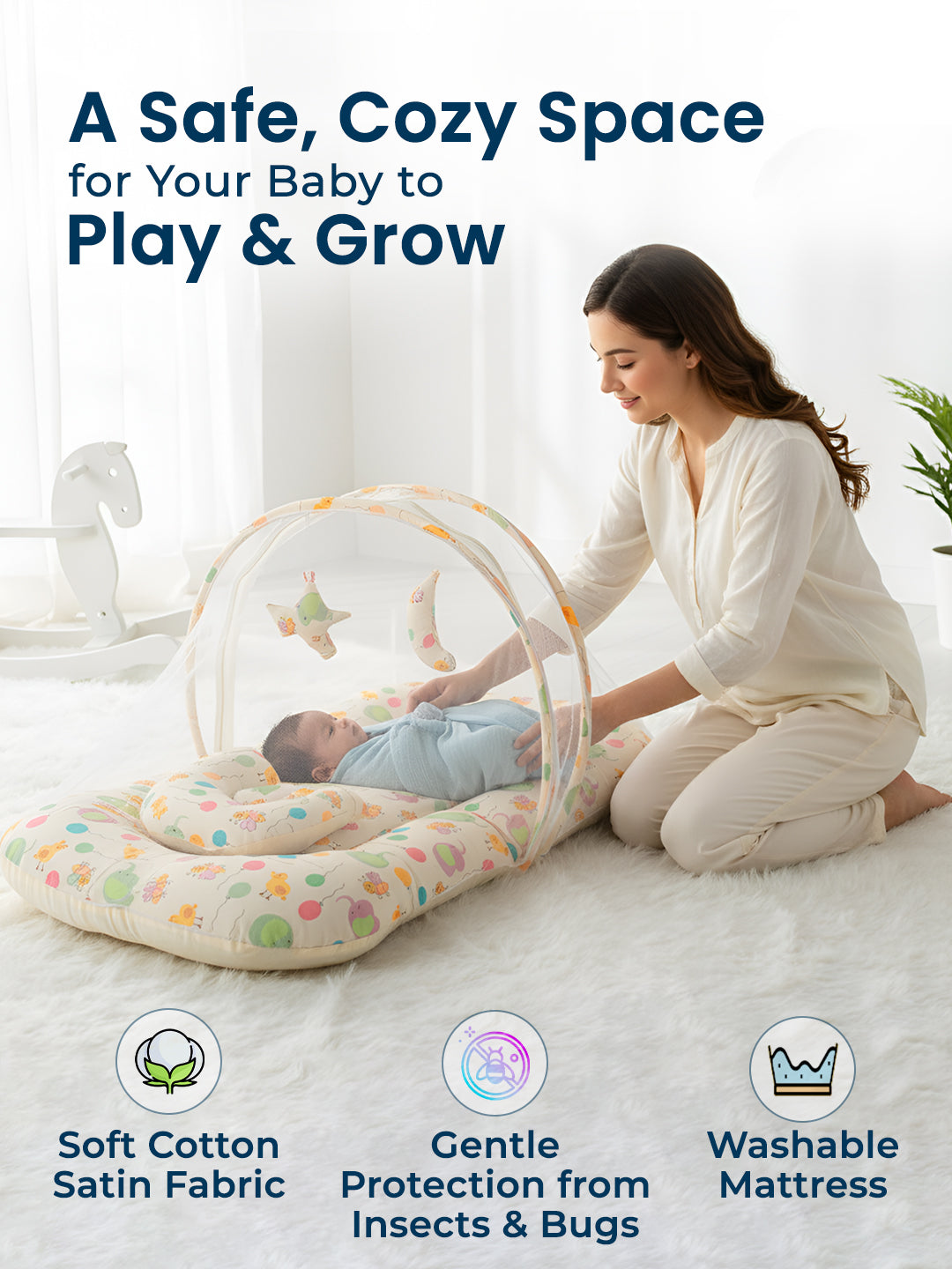 Woman playing with a baby in a soft, cushioned play area with text about safety and comfort.