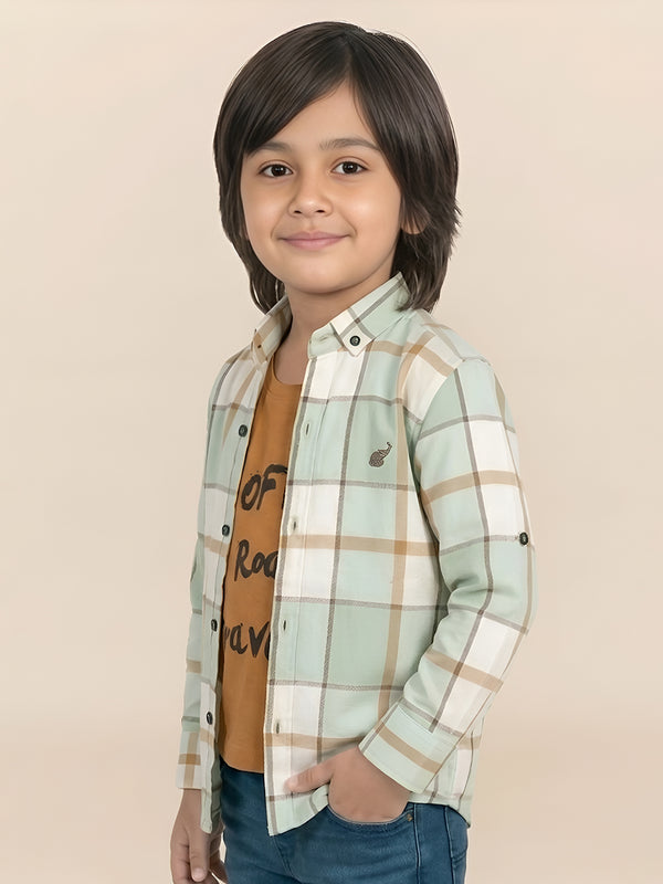 Polka Tots Full Sleeves Off Road Traveller Checks print Tshirt shirt - Green