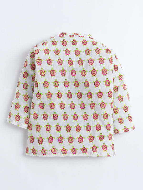 Polka Tots Turtle Print Angrakha Top With Dhoti - Multicolour