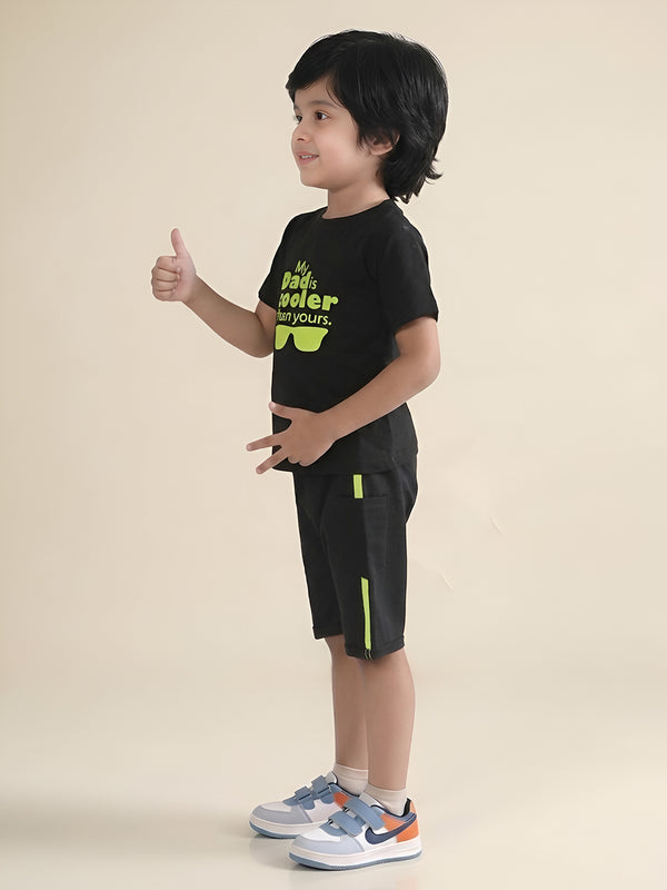 Polka Tots Half Sleeves My Dad is cooler than yours print T-Shirt Shorts - Black