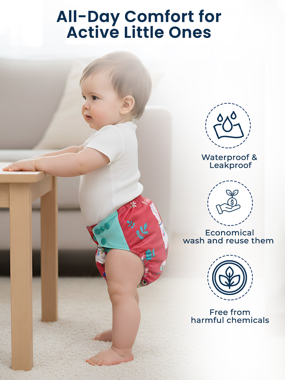 Child wearing a diaper with text highlighting features on a white background