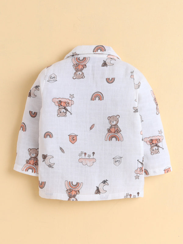 MulMul Sparsh Full Sleeve Teddy Bear Print Muslin Jabla & Pant Set - White