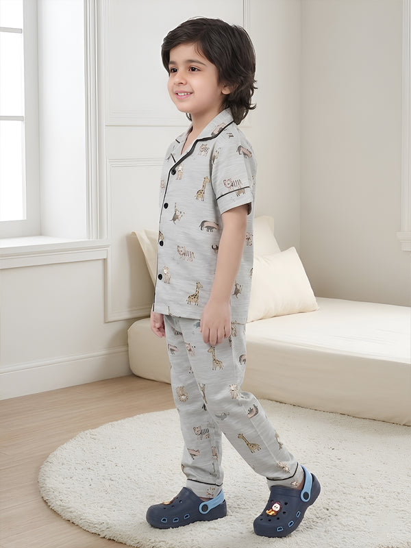 Polka Tots Half sleeves Jungle print Night Suit - Grey