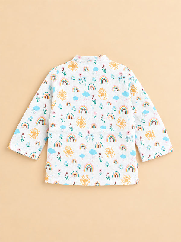 MulMul Sparsh Full Sleeve Rainbow Print Muslin Jabla & Pant Set – White