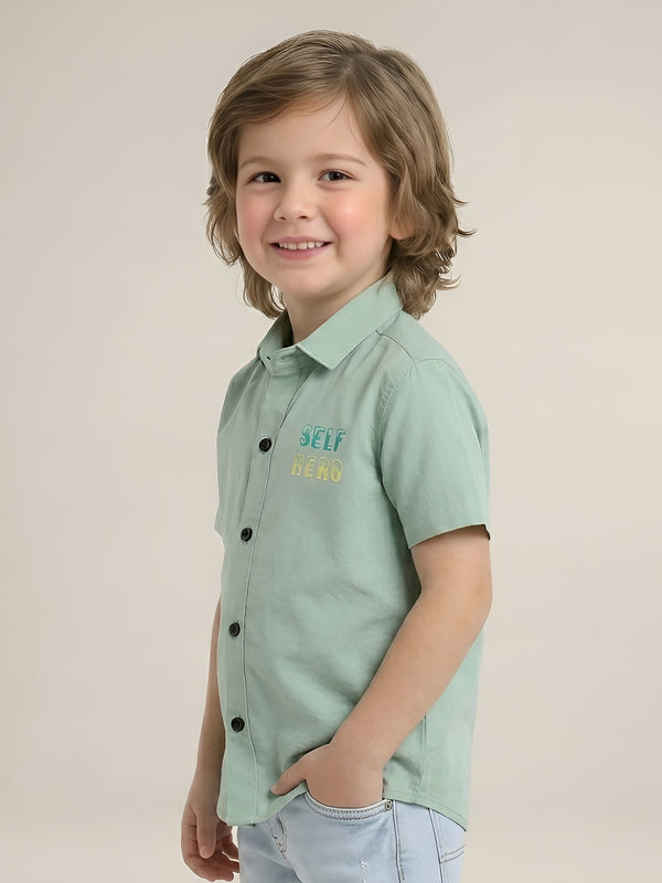 Polka Tots Cotton Regular Fit Half Sleeve Self Hero Metallic Print Shirt - Sea Green
