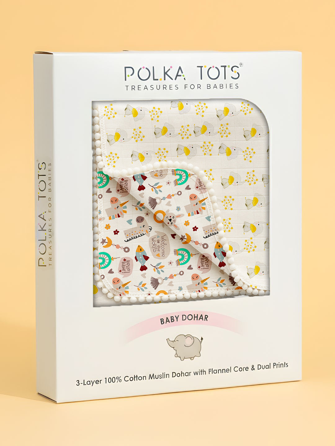 Polka Tots 100% Soft Muslin Cotton 3-Layer Reversible Baby Blanket/Dohar with Pom-Pom Lace - Jumbo Jr. & Hello Baby Print