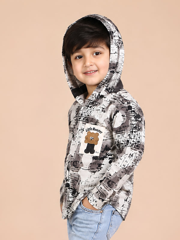 Polka Tots Full Sleeves Abstract Scribble Print Hooded Kids Shirt with Smiley Patch - Cream