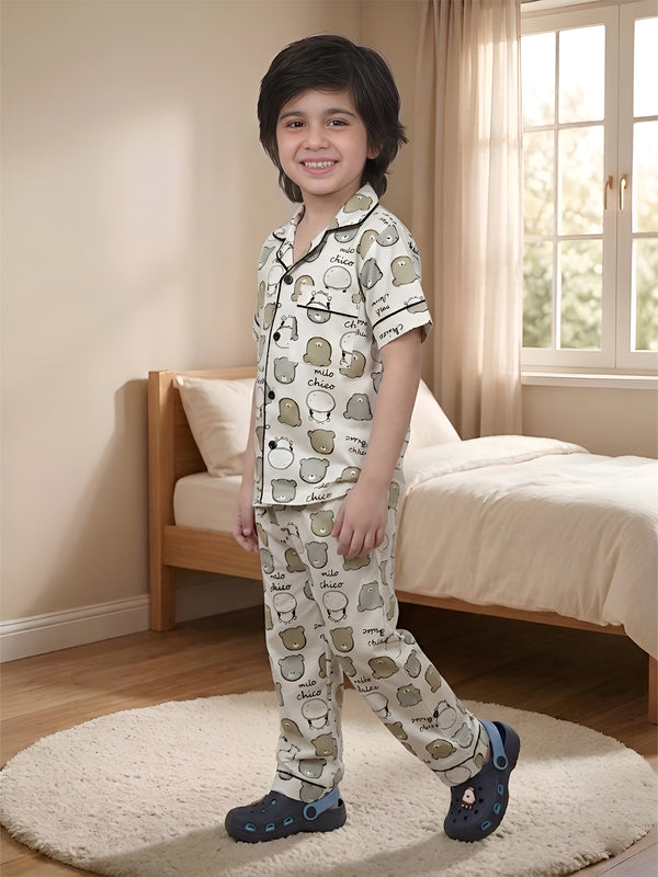 Polka Tots Half sleeves Cow print Night Suit - Green