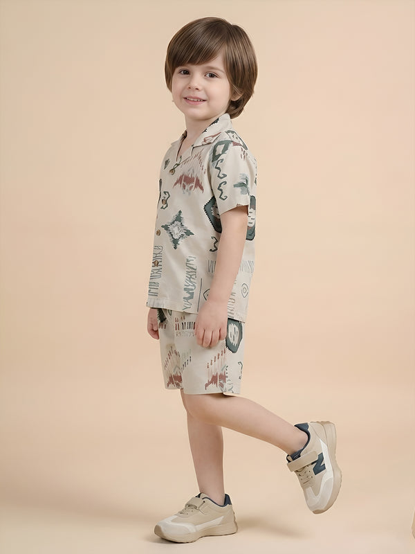Polka Tots Half Sleeves Abstract print Co-ords - Cream