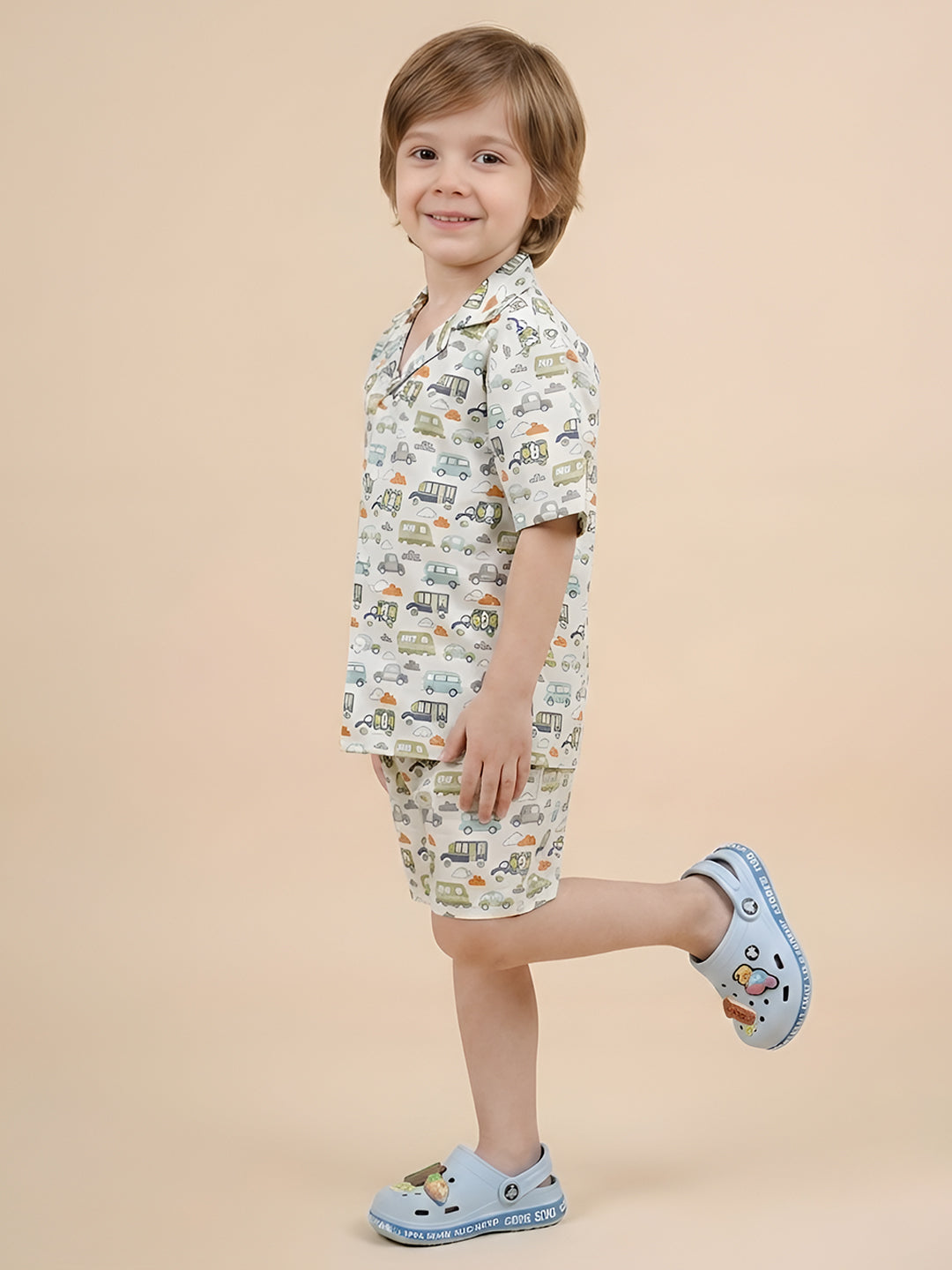 Polka Tots Half Sleeves Vehicle print Co-ord set - White