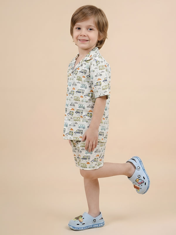 Polka Tots Half Sleeves Vehicle print Co-ord set - White