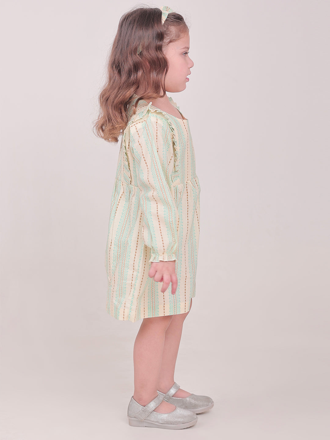 Polka Tots Full sleeve Stripe print Frock with Headband - Green