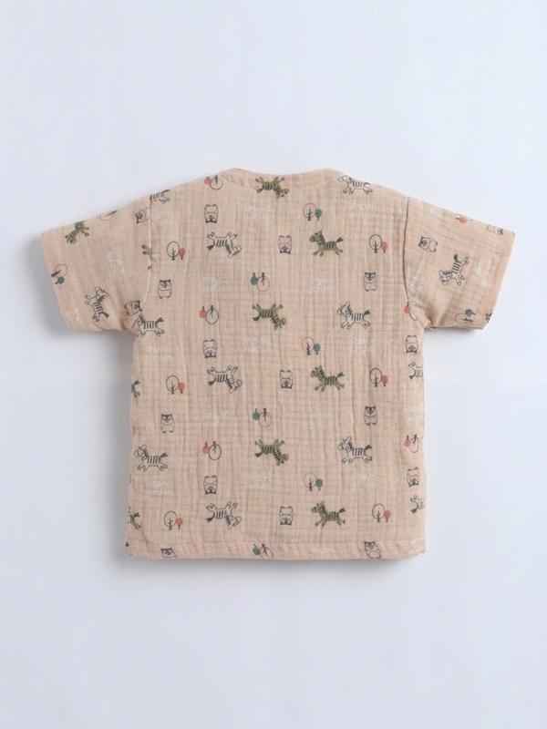 Polka Tots Wrinkled Muslin Cotton Doodle Print Kediya Jhabla & Pant Set - Brown