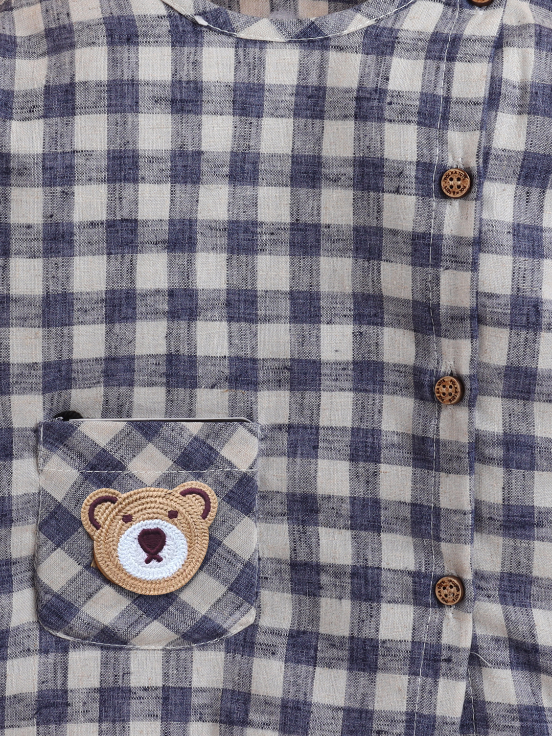 Polka Tots Soft Cotton Full-Sleeves Teddy Pocket Gingham Jhabla & Pant Set - Blue