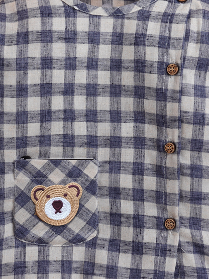 Polka Tots Soft Cotton Full-Sleeves Teddy Pocket Gingham Jhabla & Pant Set - Blue