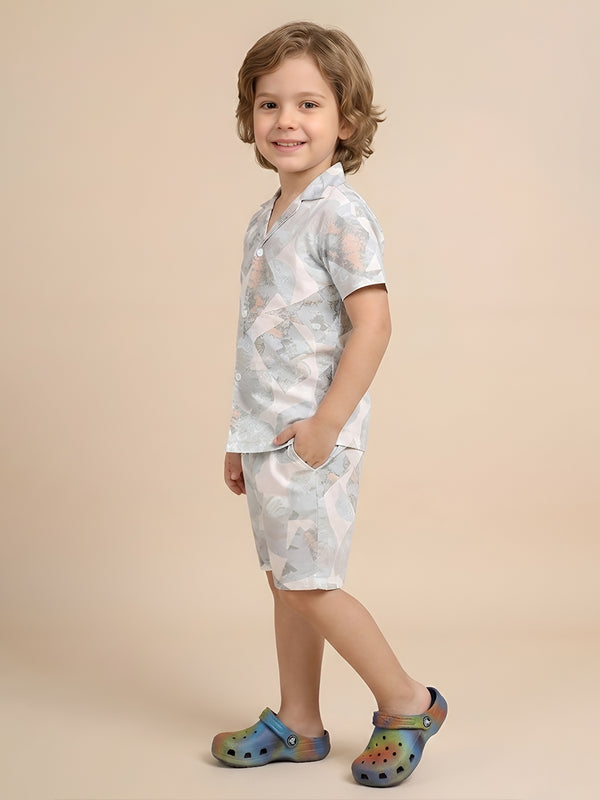 Polka Tots Cotton Half Sleeves Shirt With Shorts/Co-ord - White
