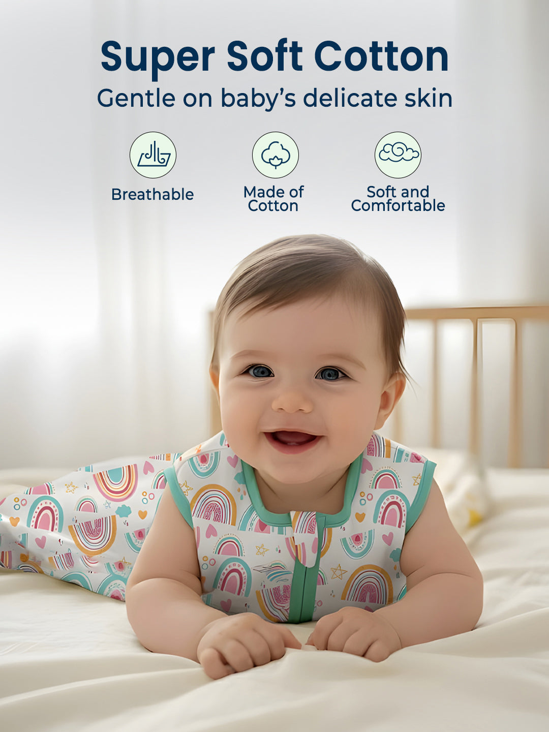 Polka Tots 100% Soft Cotton Rainbow Print Sleeping Bag with Cap - Multicolor