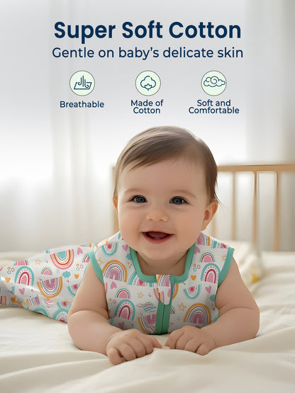 Polka Tots 100% Soft Cotton Rainbow Print Sleeping Bag with Cap - Multicolor