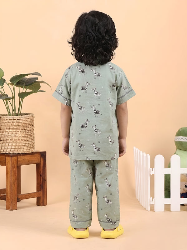 Polka Tots Half Sleeve Zebra print Night Suit - Green