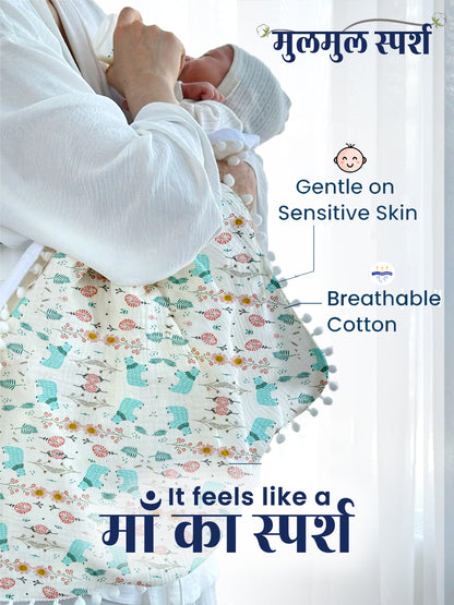 Polka Tots 100% Soft Muslin Cotton 3-Layer Reversible Baby Blanket/Dohar with Pom-Pom Lace - Mini Hearts & Bloomy Bear Print