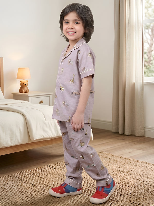 Polka Tots Half sleeves Jungle print Night Suit - Purple