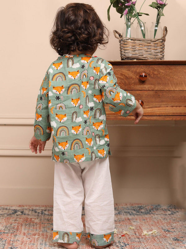 Polka Tots Wolf Print Full Sleeves Nightwear Kurta pyjama set - Green