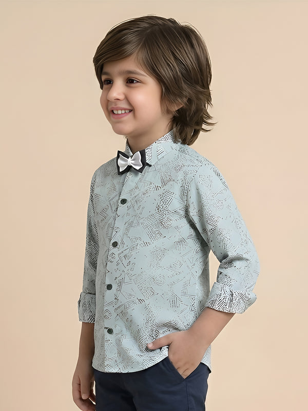 Polka Tots Cotton Regular Fit Full Sleeve Zig Zag Print Dual Bow Tie Shirt - Sky Blue