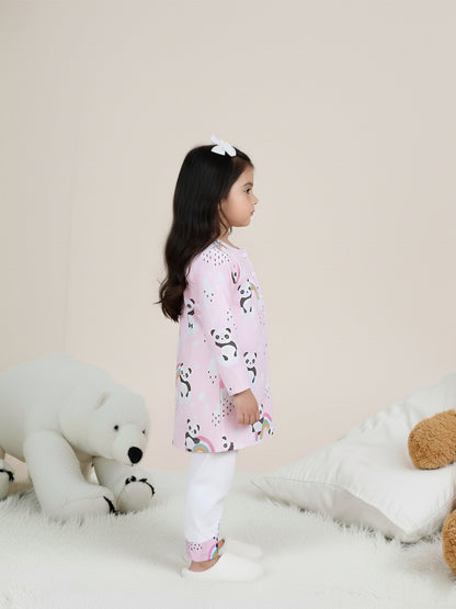 Polka Tots Panda Rainbow Print Full sleeves Nightwear Kurta pyjama set - Pink