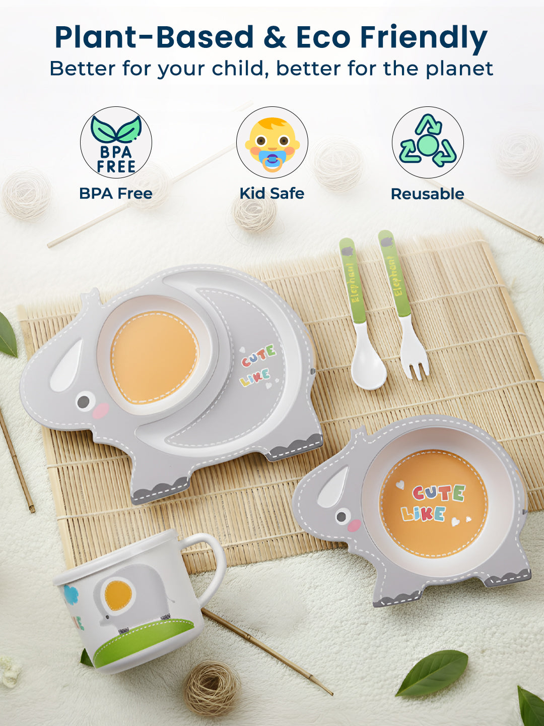 Eco-Friendly 5 Pieces Bamboo Fiber Kids Crockery Set (Cute Elephant)