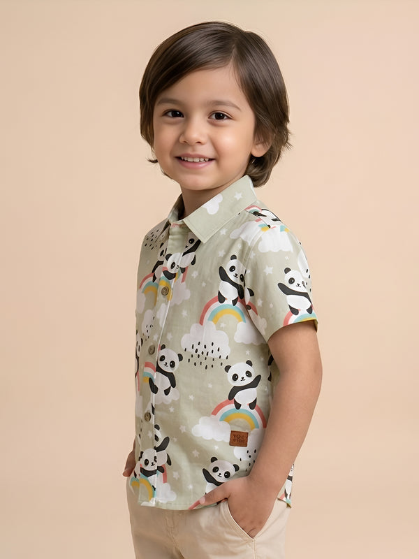 Polka Tots Half Sleeves Panda Rainbow Print Shirt - Cream