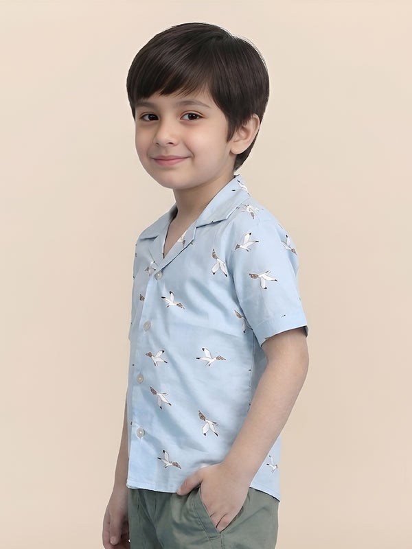 Polka Tots Half Sleeves Birds print Kids Shirt - Blue