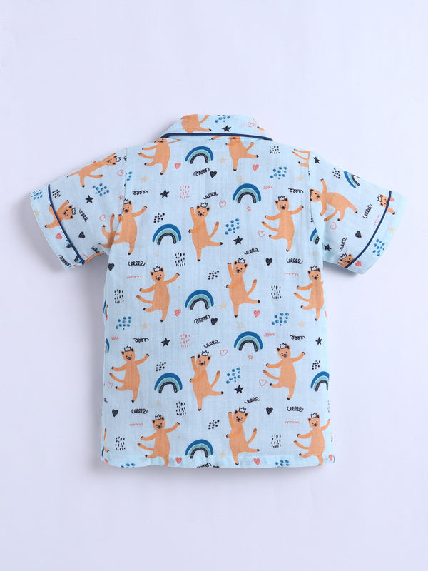 Polka Tots Half Sleeve Muslin Dancing Cat Night Suit- Blue