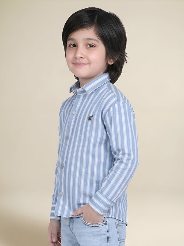 Polka Tots Full Sleeves Cotton Striped Shirt - Blue