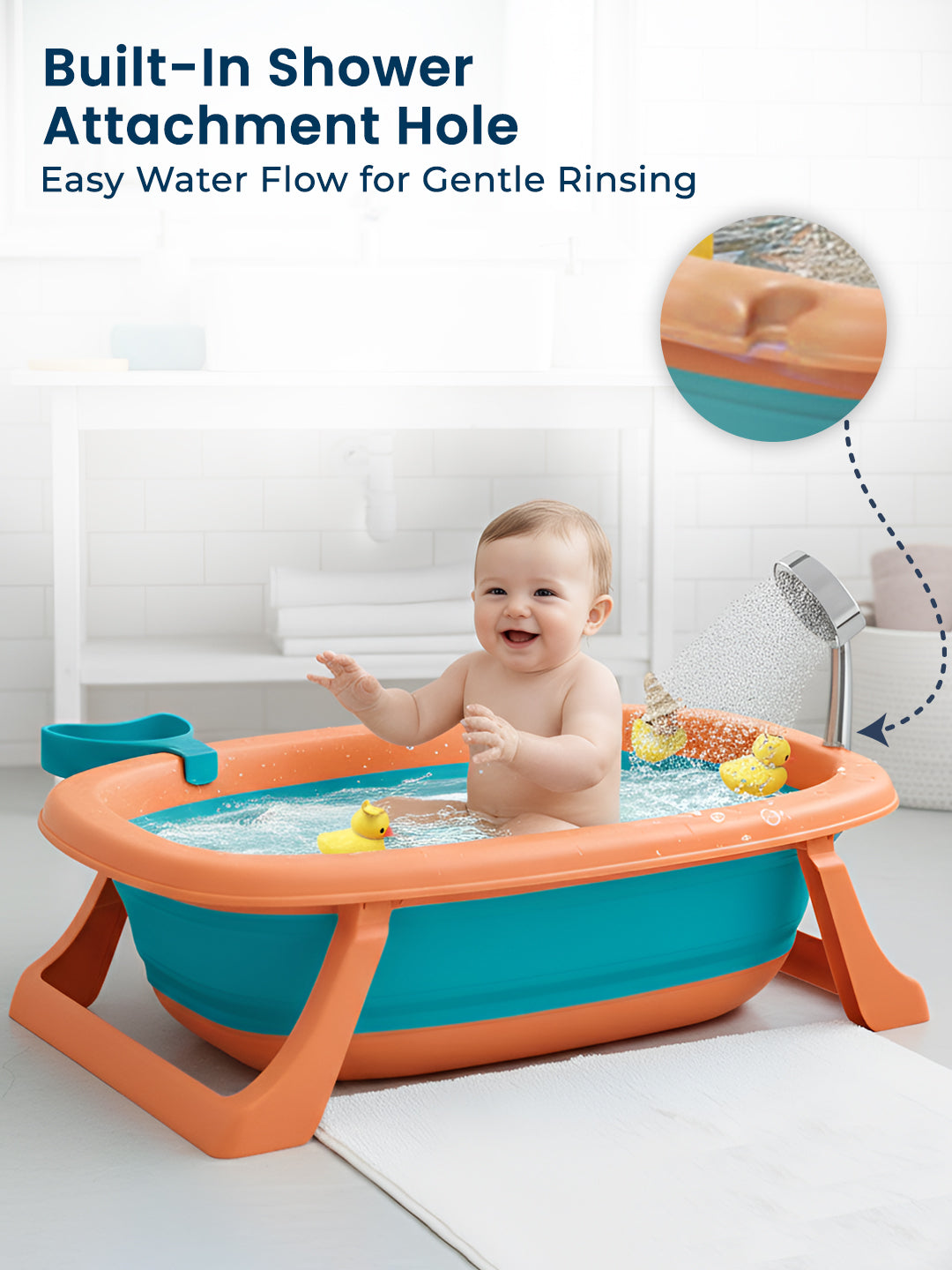 Baby bathtub with built-in shower attachment hole and a child playing in it.