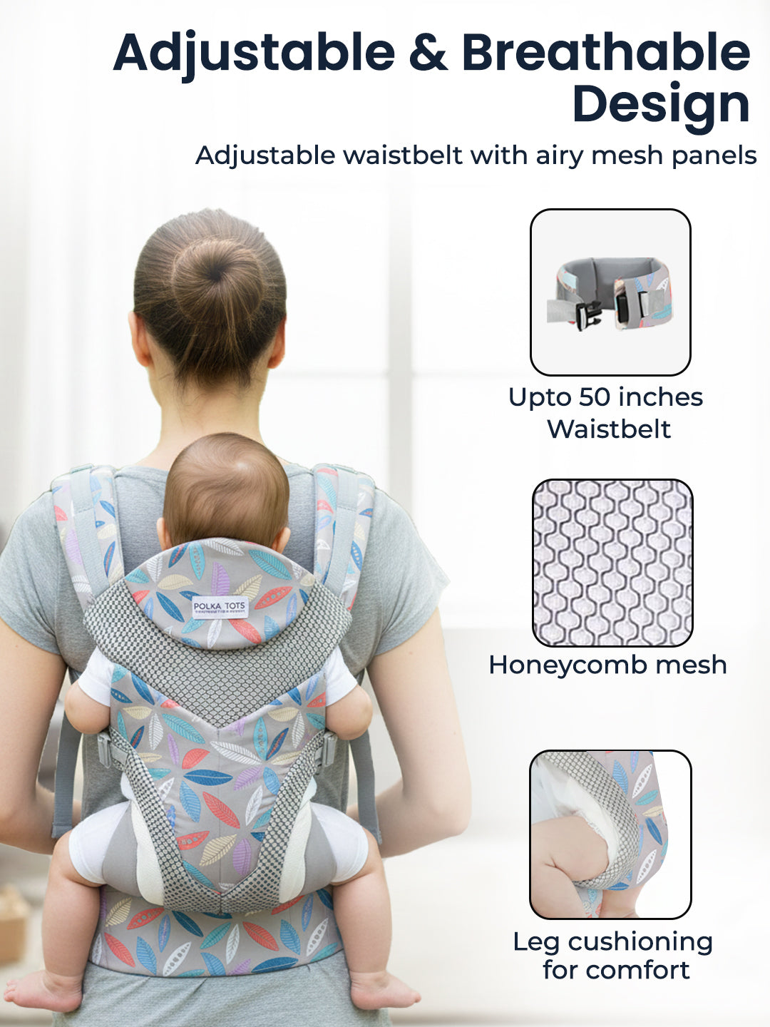 Baby carrier with adjustable waistbelt and honeycomb mesh design, featuring a person and baby model.
