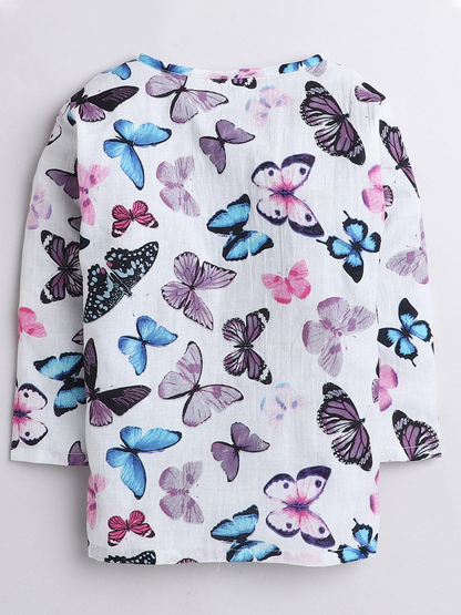 Polka Tots Butterfly print Full sleeves Nightwear Kurta pyjama set- White