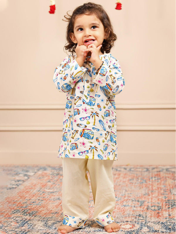Polka Tots Car Print Full Sleeves Nightwear Kurta pyjama set - Cream