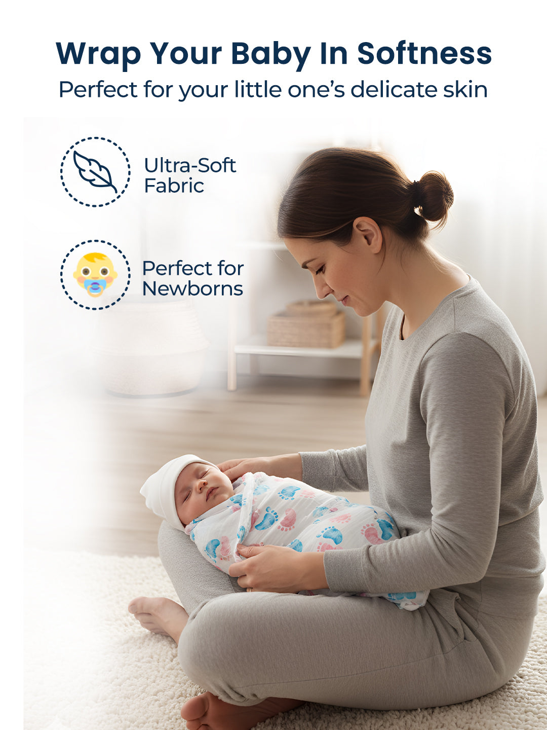 Woman holding a baby wrapped in soft fabric with text about its softness and suitability for newborns.