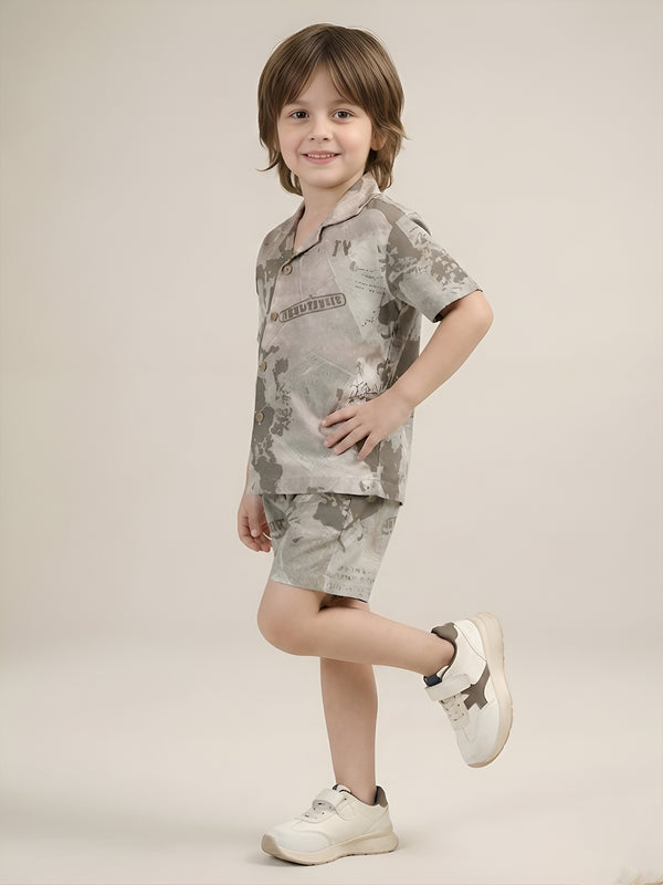 Polka Tots Half Sleeves Brush print Co-ords - Brown
