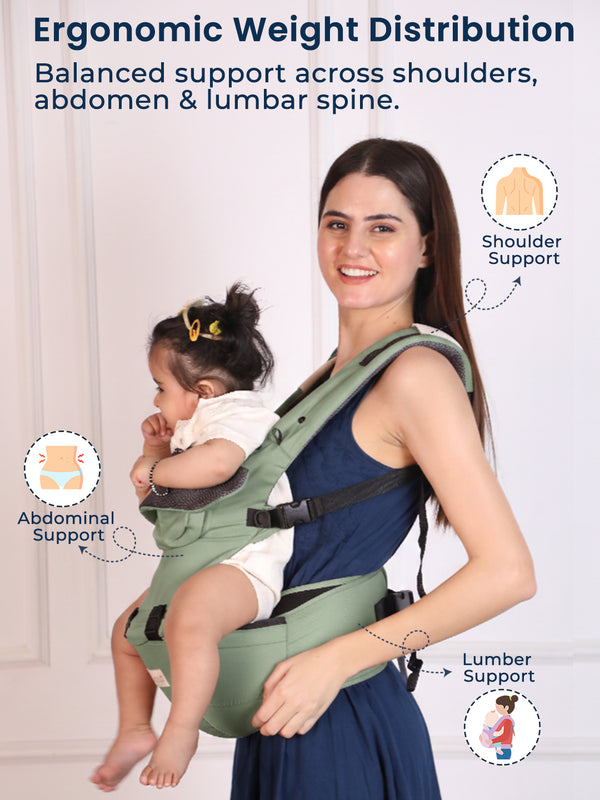 Polka Tots 6-in-1 Hip Seat Baby Carrier with Airbag, Extra Cushioning for C-Section Moms, Waist Belt up to 47 Inches with Lumbar Support (Green)