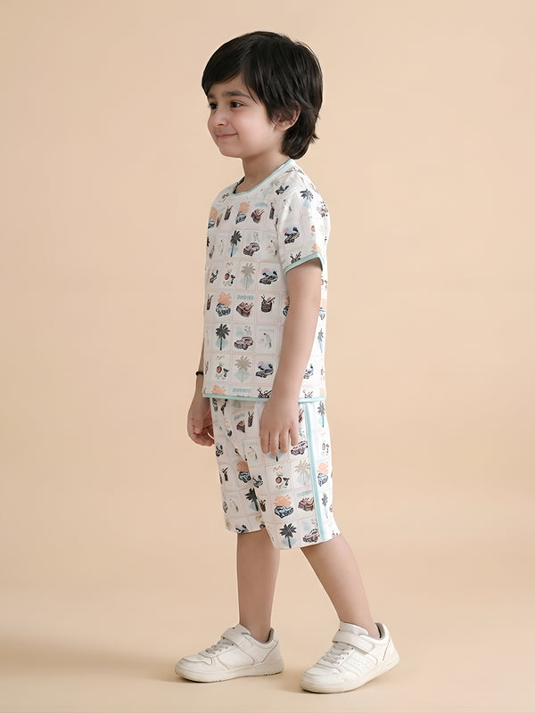 Polka Tots Half Sleeves Tropical Print T-Shirt Shorts - White