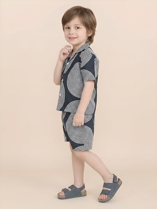 Polka Tots Half Sleeves Geometric print Co-ords - Navy