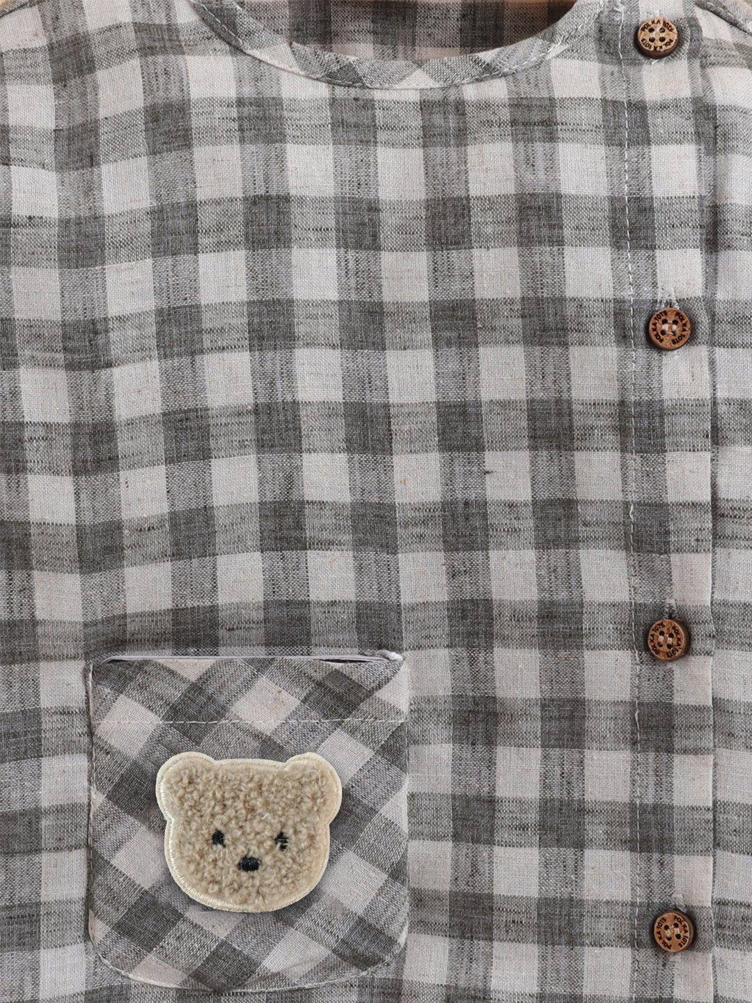 Polka Tots Soft Cotton Full-Sleeves Teddy Pocket Gingham Jhabla & Pant Set - Grey