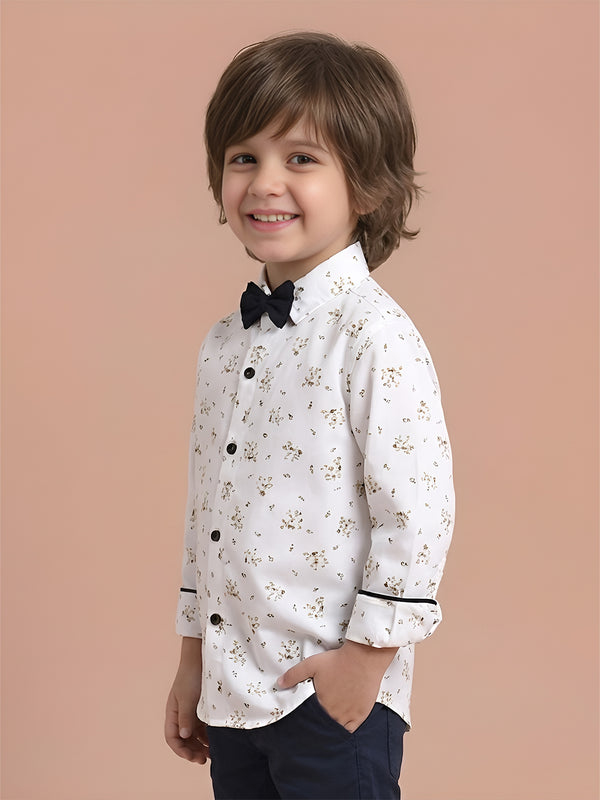 Polka Tots floral print party wear bow tie shirt - White