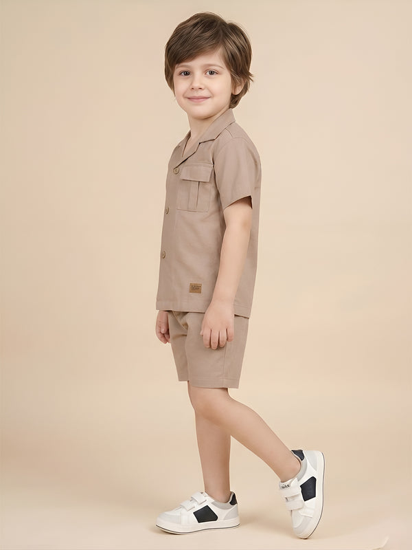 Polka Tots Half Sleeves Solid Co-ords - Beige