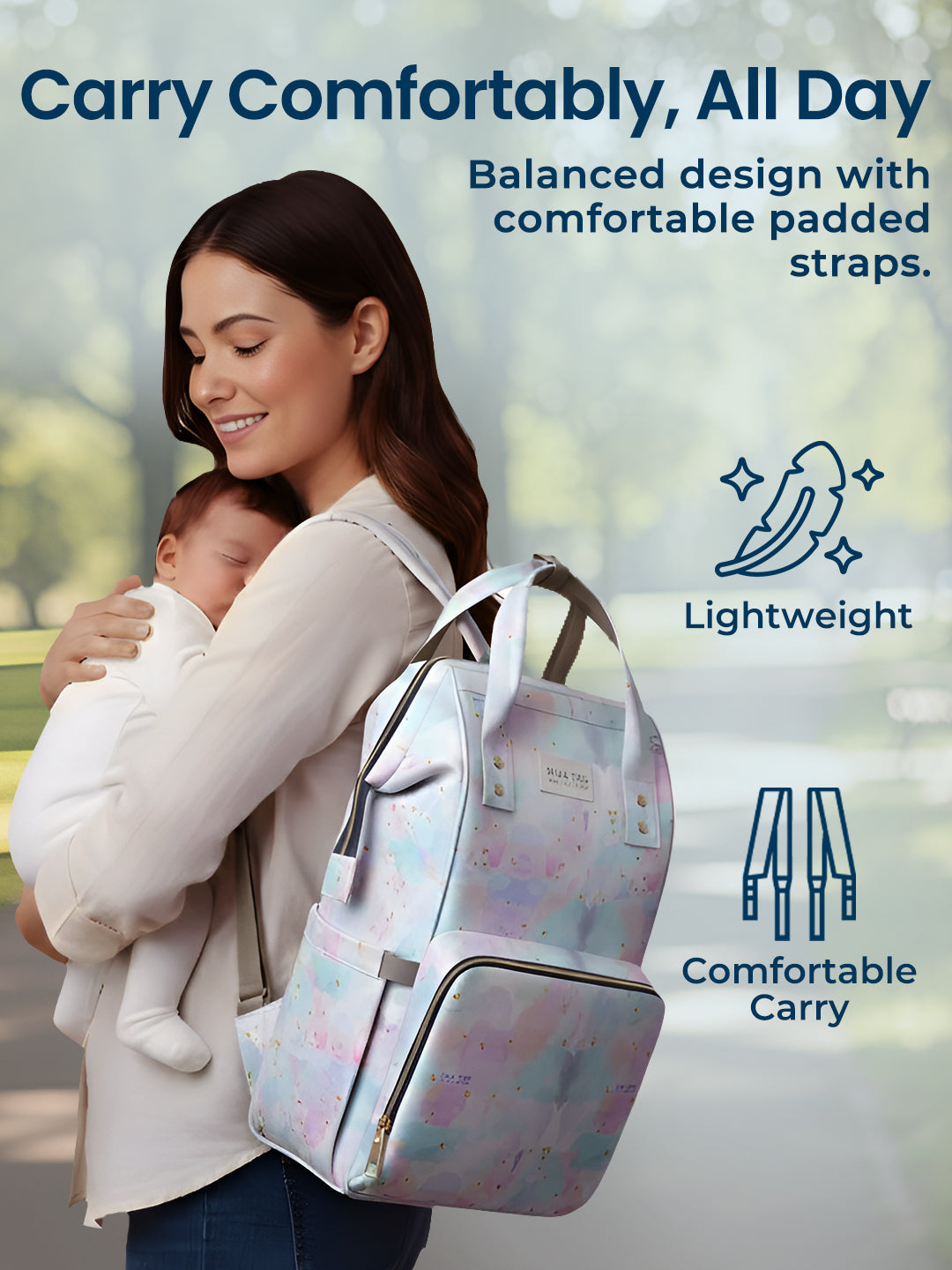 Woman carrying a baby with a backpack, featuring text about comfort and design.