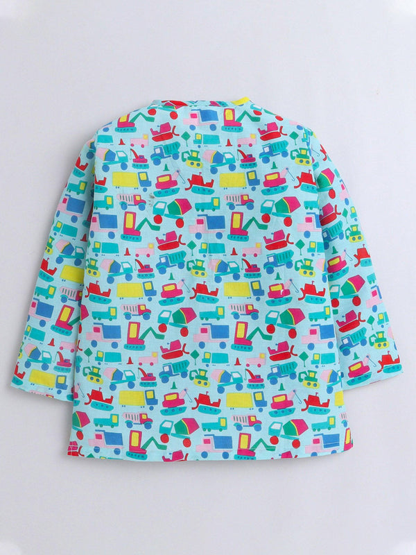 Polka Tots Truck print Full sleeves Nightwear Kurta pyjama set -Green