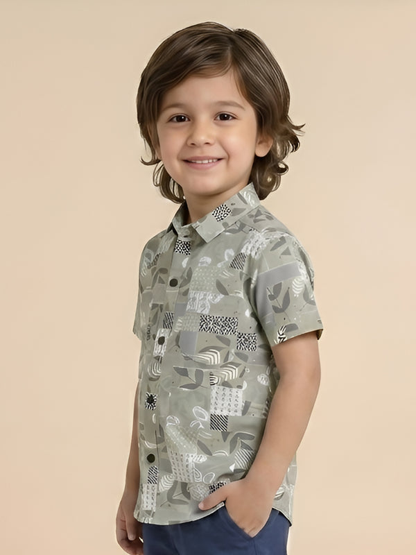 Polka Tots Cotton Regular Fit Half Sleeve Leaf Printed Shirt - Pista Green
