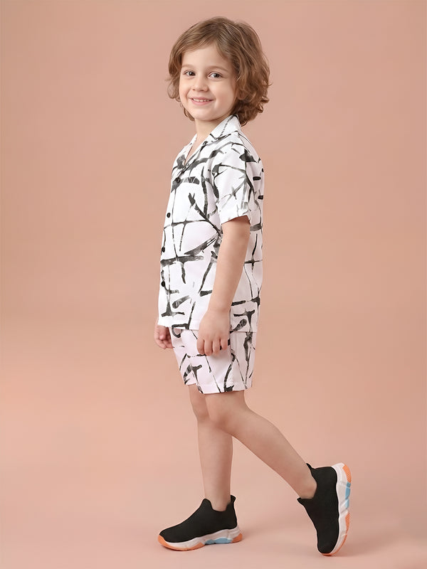 Polka Tots Half Sleeves Brush print Co-ord set - White